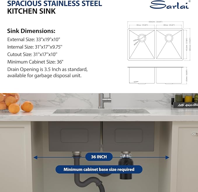 Sarlai 33 Undermount Sink Double Bowl - 33x19 Kitchen Sink Undermount Stainless Steel 16 Gauge Round Corner Double Bowl 50/50 Sink Basin