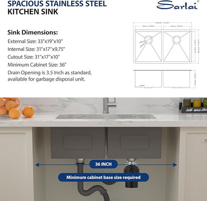 Sarlai 33 Undermount Sink Double Bowl - 33x19 Kitchen Sink Undermount Stainless Steel 16 Gauge Round Corner Double Bowl 50/50 Sink Basin