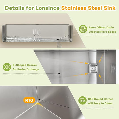 Undermount Kitchen Sink 45 inch,16 Gauge Stainless Steel Single Bowl Undermount Sink Two-Tiered Ledge,Spacious & Large Kitchen Sink Offset Drain (45" X 19")