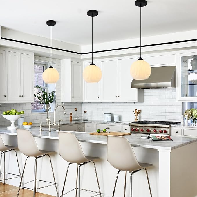 Contemporary Modern Pendant Lights Black Globe Pendant Lights Kitchen Island Vintage Milk White Glass Pendant Lighting Unique Ribbed Glass Ceiling Pendant Light (2 Pack)