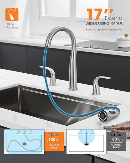 TIORIY 3 Hole Kitchen Faucet with Pull Down Sprayer, Brushed Nickel, Double Handle High Arc Faucet for Kitchen Sink with 3 Mode Spray, Stainless Steel, T-3005BN