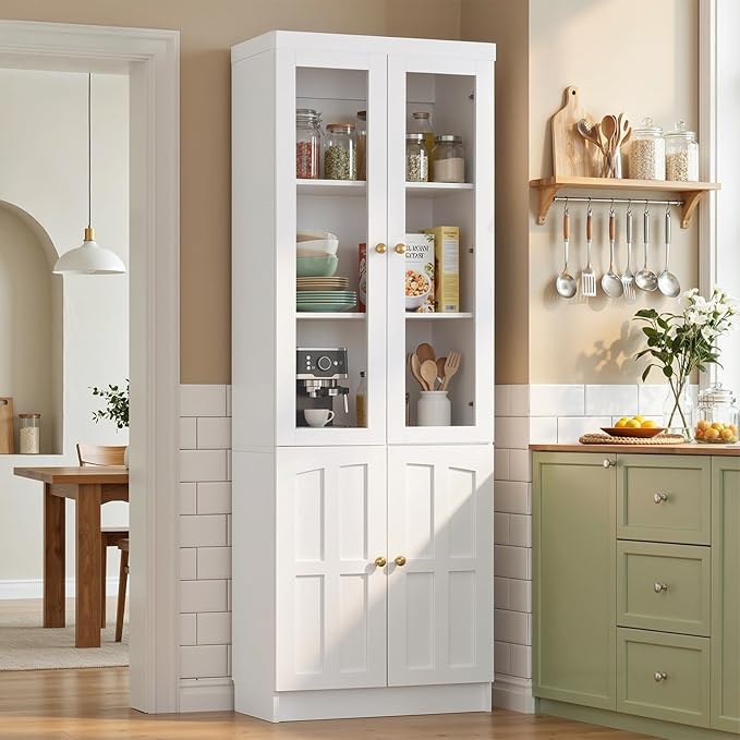 Cyclysio Kitchen Pantry Cabinet, 80" Wood Pantry Storage Cabinet with Doors and Adjustable Shelves, Kitchen Cabinet with Thickened Top Panel, Tall Cabinet for Livingroom, Pantry, Bathroom (1, White)