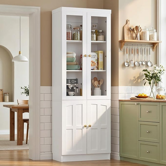 Cyclysio Kitchen Pantry Cabinet, 80" Wood Pantry Storage Cabinet with Doors and Adjustable Shelves, Kitchen Cabinet with Thickened Top Panel, Tall Cabinet for Livingroom, Pantry, Bathroom (1, White)