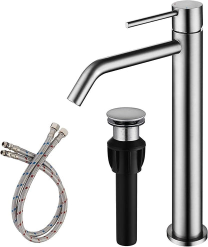 Vessel Sink Faucet Brushed Nickel, JXMMP Bathroom Sink Faucets Without Overflow Pop Up Drain and Water Faucet Supply Lines, Stainless Steel SpotShield Bathroom Faucet for Sink 1 Hole, JXM1001BN