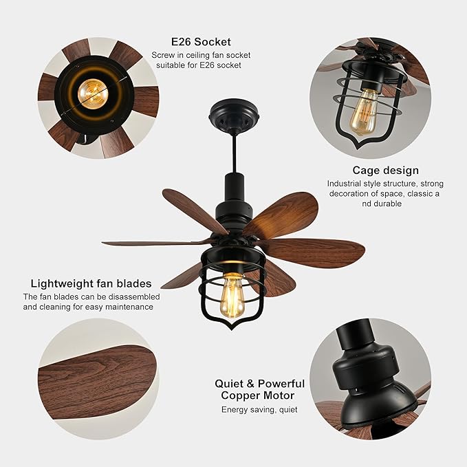 Garwarm 20IN Ceiling Fans with Lights, Socket Fan Light with Remote, Screw in Ceiling Fan in Light Socket Small Ceiling Fan for Garage,Bedroom, Kitchen, Living Room(Bulb not Included)