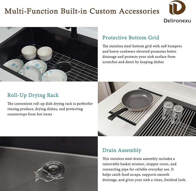 33x22 Black Drop In Kitchen Sink, Delironexu 16 Gauge 304 Black Stainless Steel Top Mount Kitchen Sink, 33 Inch Single Bowl Black Kitchen Sink with Accessories
