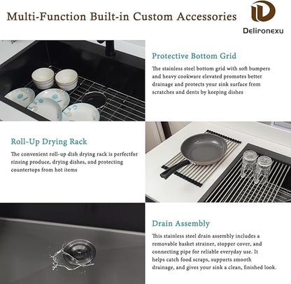 33x22 Black Drop In Kitchen Sink, Delironexu 16 Gauge 304 Black Stainless Steel Top Mount Kitchen Sink, 33 Inch Single Bowl Black Kitchen Sink with Accessories