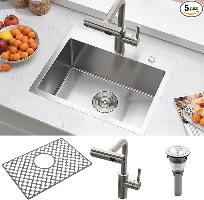 20 Inch Kitchen Sink Drop In with Faucet Combo-Brovy 20x16 Small Outdoor Stainless Steel Kitchen Sink Drop-In 18 Gauge Single Bowl Top Mount Wet Bar Sinks with Mat&Drainer