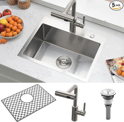 20 Inch Kitchen Sink Drop In with Faucet Combo-Brovy 20x16 Small Outdoor Stainless Steel Kitchen Sink Drop-In 18 Gauge Single Bowl Top Mount Wet Bar Sinks with Mat&Drainer