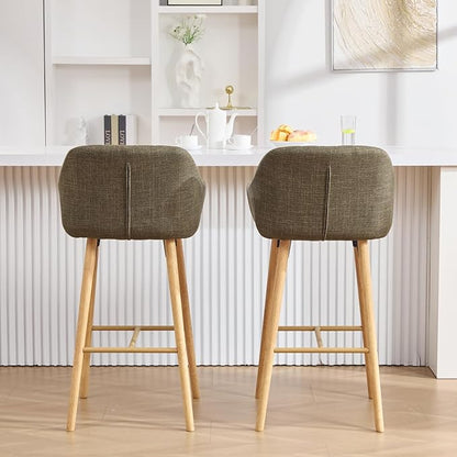Modern Stools Set of 2, Kitchen Island Tall Chairs with Back, Arm, Footrest and Solid Wood Leg, Linen Fabric Upholstered Stools - Green