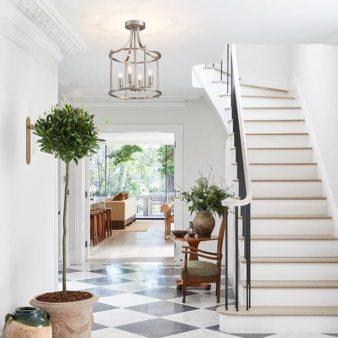 XINGQI Brushed Nickel Semi Flush Mount Ceiling Light Fixture Modern 4 Light Round Small Mini Chandelier Cage Ceiling Lights for Entryway Foyer Hallway 12" Geometric Dining Room Chandelier
