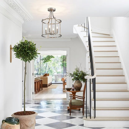 XINGQI Brushed Nickel Semi Flush Mount Ceiling Light Fixture Modern 4 Light Round Small Mini Chandelier Cage Ceiling Lights for Entryway Foyer Hallway 12" Geometric Dining Room Chandelier