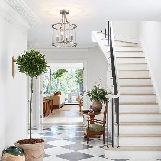 XINGQI Brushed Nickel Semi Flush Mount Ceiling Light Fixture Modern 4 Light Round Small Mini Chandelier Cage Ceiling Lights for Entryway Foyer Hallway 12" Geometric Dining Room Chandelier