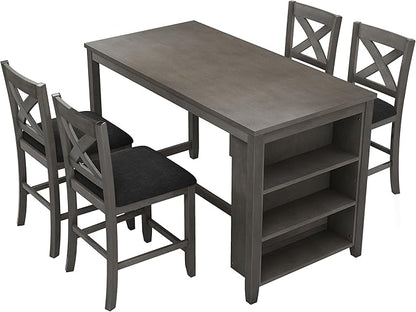VilroCaz Farmhouse 5-Piece Dining Set, Compact Bar Pub Table With 3-Tier Shelf, Wooden Counter Height Table for 4, Perfect for Small Kitchen Dining Room (Gray-4 Chairs)