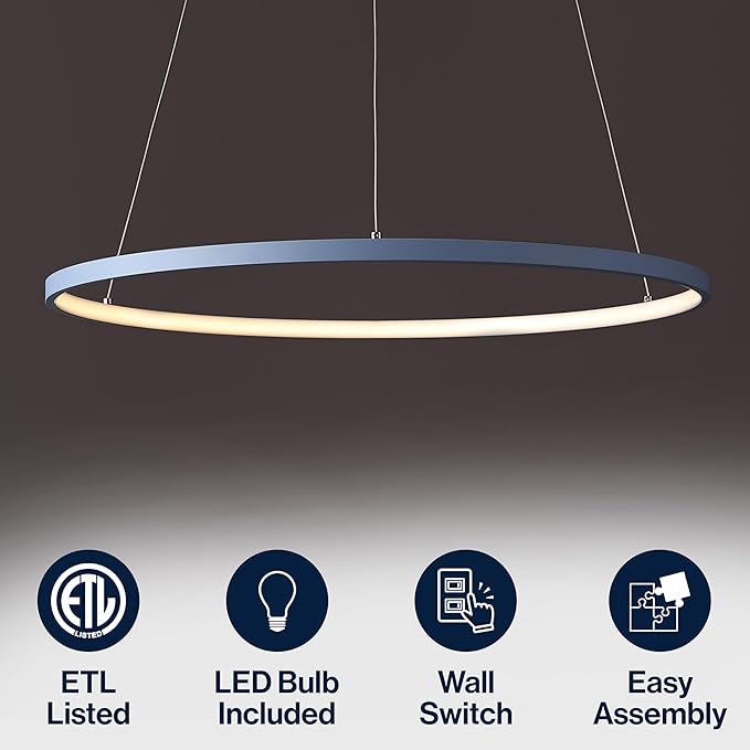 JONATHAN Y 23.75" Blue Modern Integrated LED Pendant Light, Dimmable Round Hoop Chandelier for Kitchen Island, Dining Room, Adjustable Height Metal Hanging Light (JYL7203D)