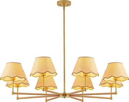 MAYNA 42” Large Rattan Chandelier, 8-Light Rustic Farmhouse Pendant Light with Wicker Lamp Shades, Modern Dining Room Chandelier, Adjustable Brass Chandelier for Kitchen Island, Dining Room