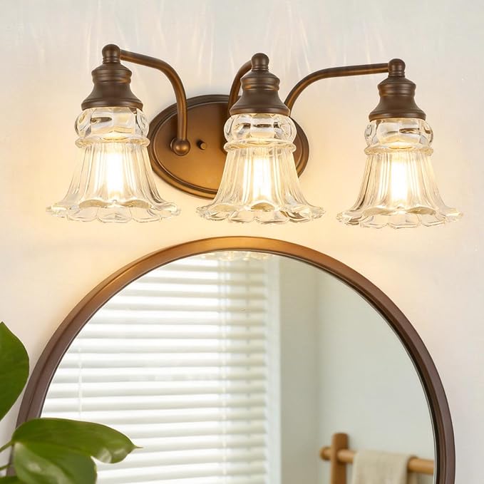 3-Light Bathroom Light Fixtures Over Mirror, Vintage Vanity Lights with Clear Floral Glass Shades, Oil Rubbed Bronze