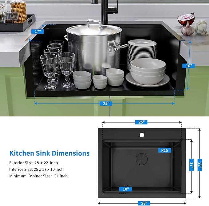 Black Drop In Kitchen Sink 28" X 22",Top Mount 16 Gauge Stainless Steel Workstation Sink,Deep & Large Single Bowl Kitchen Sinks (Black, 28" X 22")