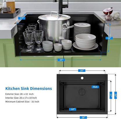 Black Drop In Kitchen Sink 28" X 22",Top Mount 16 Gauge Stainless Steel Workstation Sink,Deep & Large Single Bowl Kitchen Sinks (Black, 28" X 22")