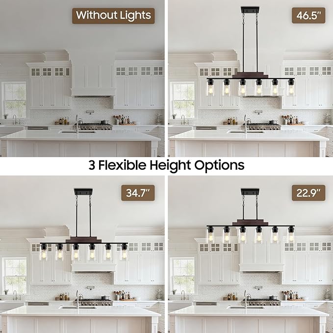 Farmhouse Dining Room Light Fixture Over Table, 6-Light Linear Chandeliers for Dining Room Hanging, Black Pendant Lights Kitchen Island Lighting, Wood Ceiling Light Fixture with Clear Glass Shade