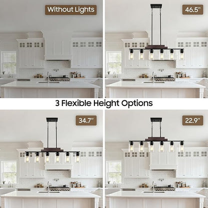 Farmhouse Dining Room Light Fixture Over Table, 6-Light Linear Chandeliers for Dining Room Hanging, Black Pendant Lights Kitchen Island Lighting, Wood Ceiling Light Fixture with Clear Glass Shade