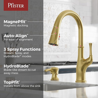 Pfister Alderwood Kitchen Faucet with Pull Down Sprayer and Soap Dispenser Single Handle High Arc Spout Brushed Gold Finish NSF Certified 1 or 3 Hole Installation F5297AWBG