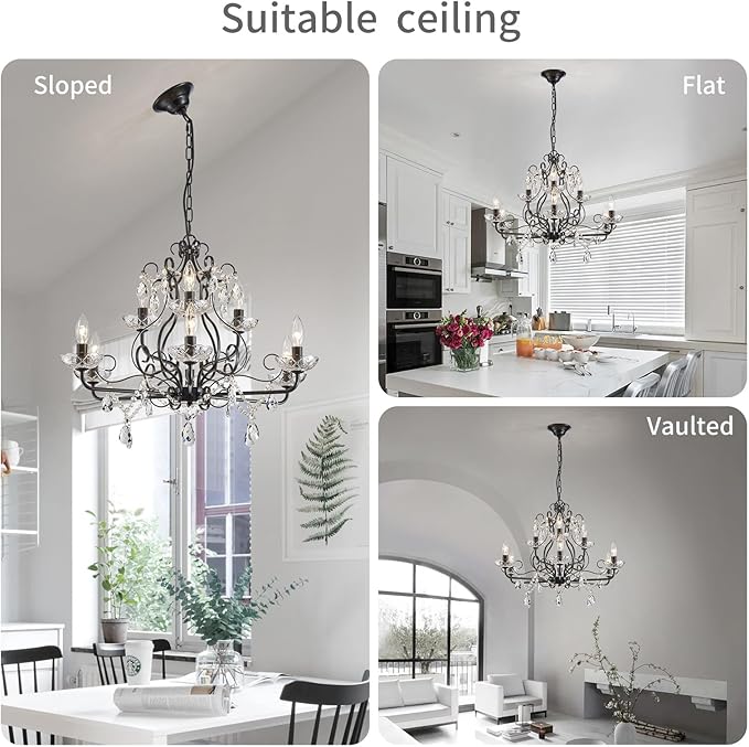 WUZUPS 9-Light Crystal Candle Chandelier Pendant Flushmount Ceiling Light Modern Lighting Fixture for Bedroom Hallway Bar Kitchen Bathroom, H 18.1" x W 25.6", Black, E12 Base