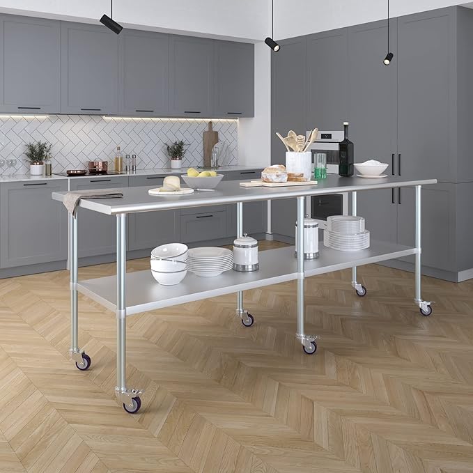 Stainless Steel Work Table with Wheels | NSF Kitchen Island Food Prep | Laundry Garage Utility Bench (Table + Wheels, 96" Long x 30" Deep)