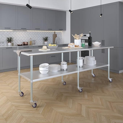 Stainless Steel Work Table with Wheels | NSF Kitchen Island Food Prep | Laundry Garage Utility Bench (Table + Wheels, 96" Long x 30" Deep)