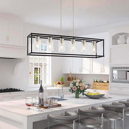 6 Lights Modern Dining Room Light Fixtures Over Table Black & Brushed Nickel Farmhouse Chandeliers Rectangular Pendent Lighting for Kitchen with Glass Shade Linear Hanging Industry Ceiling Light