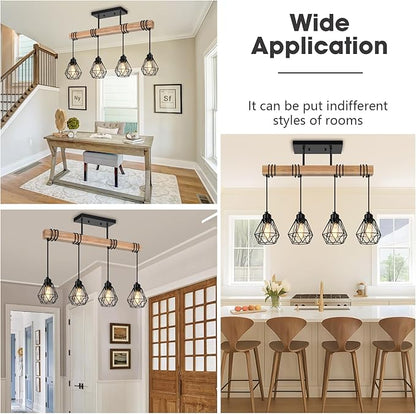 4-Lights Farmhouse Wood Kitchen Island Lighting, 23.6'' Dining Room Light Fixtures Chandelier Over Table, Rustic Black Cage Pendant Lights Ceiling Hanging for Pool Table, Living Room, Hallway