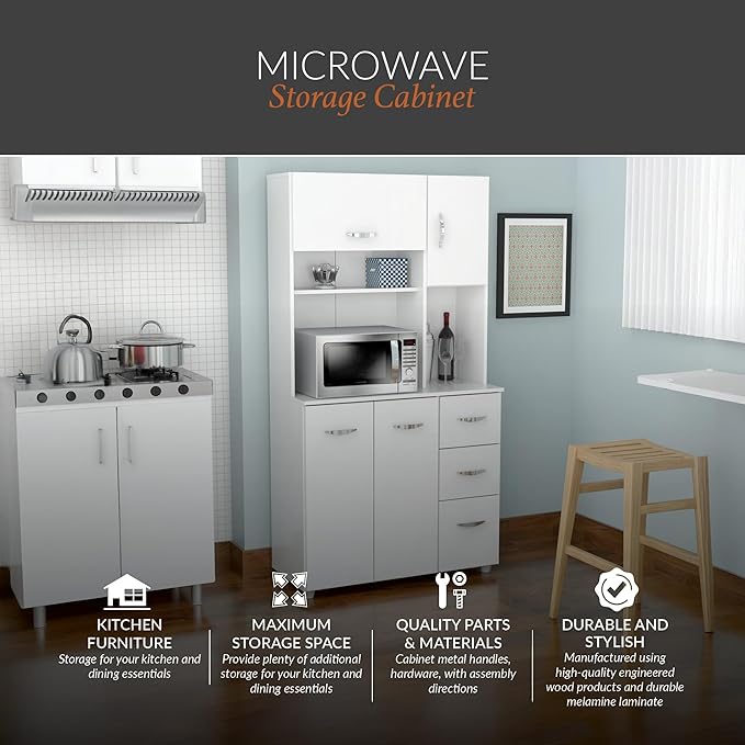 Inval America 4-Door Kitchen Microwave Storage Cabinet with 3 Drawers, Kitchenette Standing Pantry, 71"H x 23.6"W x 17.1"D, White