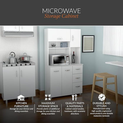 Inval America 4-Door Kitchen Microwave Storage Cabinet with 3 Drawers, Kitchenette Standing Pantry, 71"H x 23.6"W x 17.1"D, White