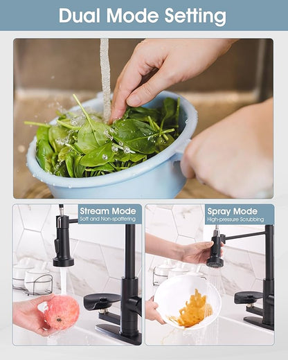 Kitchen Sink Fuacet with Glass Rinser, Single Handle Kitchen Faucet with Pull Down Sparyer, 304 Stainless Steel, Deck Plate, Matte Black