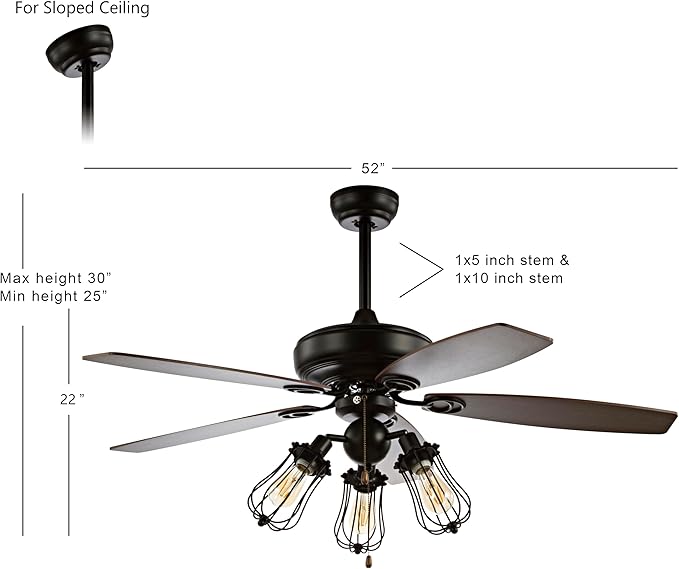 JONATHAN Y 52" Black 3-Light Iron and Wood Ceiling Fan, Industrial Caged Design with 5 Reversible Ashwood/Brown Blades, Pull-Chain, Rustic Farmhouse Style, LED Bulbs Included JYL9601A