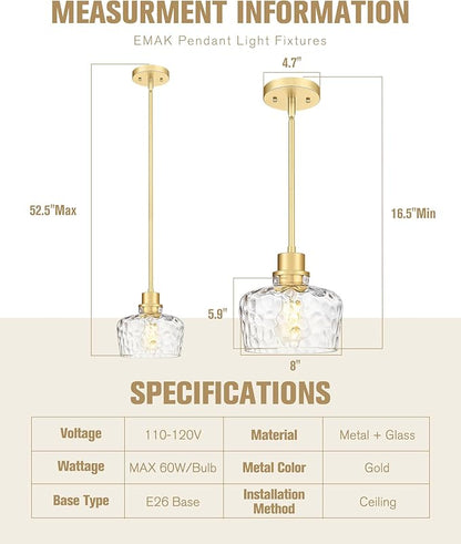 Emak Gold Pendant Lights Kitchen Island, 8 Inch Hammered Glass Pendant Light Fixtures, Modern Hanging Lights for Kitchen,Dining Room, Bathroom, PL122-GD-HG