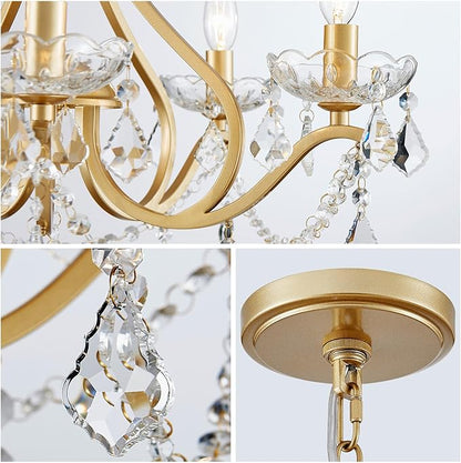 WUZUPS Crystal 5-Light Candle Chandelier Pendant Flushmount Ceiling Light Modern Lighting Fixture for Bedroom Hallway Bar Kitchen Bathroom, H 20.9" x W 21.7", Gold, E12 Base