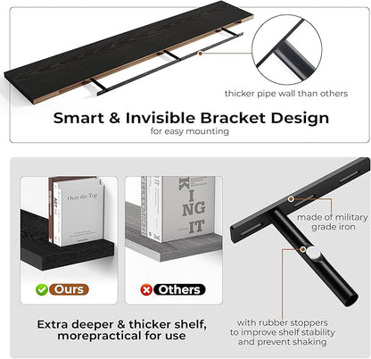 Fun Memories 66 Inch Fireplace Mantel Shelf with Invisible Bracket, 8 Inch Deep Floating Shelf for Living Room, Kitchen, Farmhouse, Black (2-Pack)