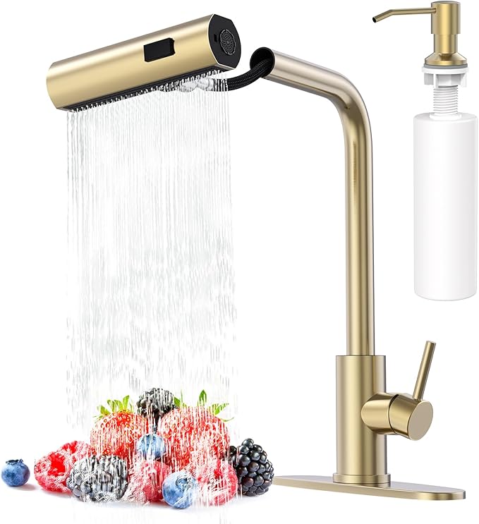 AVSIILE Brushed Gold Waterfall Kitchen Faucets with Pull Down Sprayer & Soap Dispenser, Single Hole & Handle, Pull Out Tap, Stainless Steel Sink Faucet, Suitable for Farmhouse Camper Laundry Rv Bar