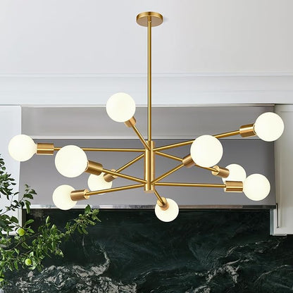 Sputnik Chandeliers Dining Room Light Fixture (10-Light, 32-Inch), Modern Brushed Gold Chandelier, Height Adjustable Mid Century Modern Chandeliers for Bedroom Kitchen Entryway (Bulbs Not Included)