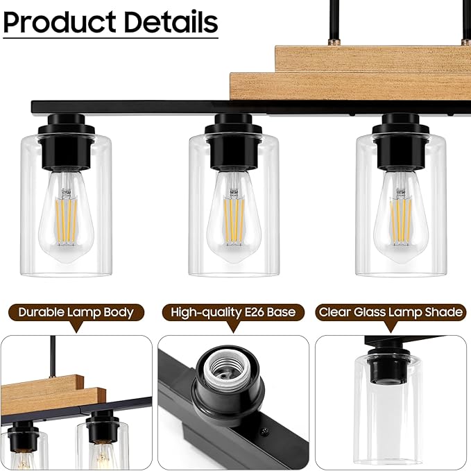 Dining Room Light Fixture/Chandeliers Over Table, 5-Light Modern Rustic Linear Pendant Lights Kitchen Island Lighting, Wood Ceiling Light Fixture Hanging with Clear Glass Shade, Matte Black