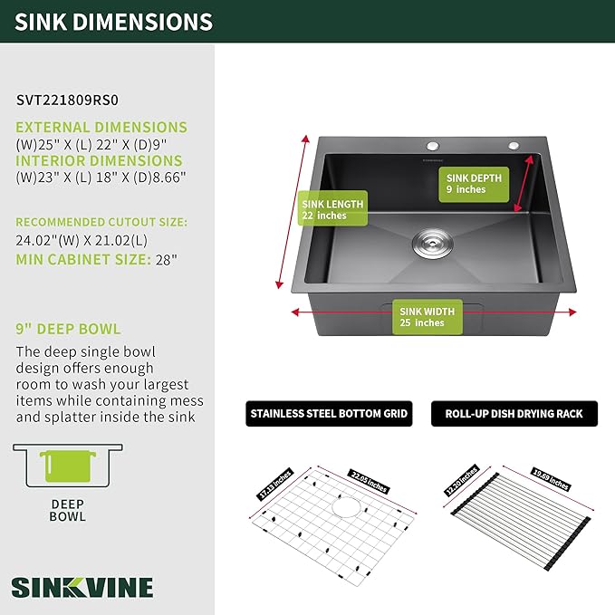 Drop-In Deep Laundry Sink 25 x 22 inch Black, SINKVINE Single Bowl Nano Stainless Steel Kitchen Sink for Outdoor and Indoor Top Mount, with Drain Strainer, Bottom Grid, Roll-up Drying Unit, Dark Gray