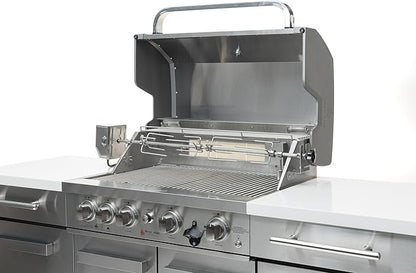 Mont Alpi Premium 70"W x 24"D Stainless Steel Compact Outdoor Kitchen Island with Refrigerator + 32"W 4-Burner BBQ Grill with Infrared Rotisserie Burner + Storage Cabinets + White Granite Countertops