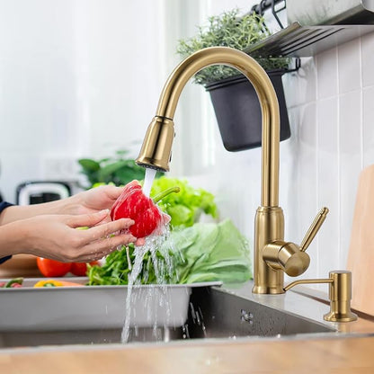 Gold Kitchen Faucet with Soap Dispenser, WOWOW Stainless Steel Kitchen Faucet for Sink 2 or 4 Hole, High Arc Vintage Kitchen Sink Faucet with Pull Down Sprayer
