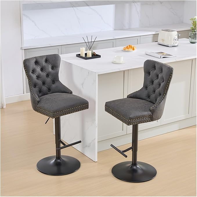 Aged and Retro PU Swivel Barstools Adjusatble Seat Height from 26-33 Inch, Modern Bar Stools with Backs Comfortable Tufted for Home Pub and Kitchen Island