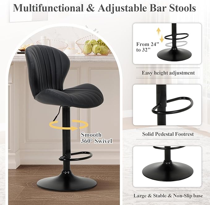 COLAMY Bar Stools Set of 3, Adjustable Modern Swivel Bar Chairs, Faux Leather Upholstered Barstools Counter Height with High Backrest for Bar, Kitchen Island, Dining Room, Black