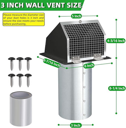 3 Inch Dryer Vent Cover Wall Vent Hood with Screen and Damper,Outdoor Dryer Vent Cover Outside Exhaust Vent Cover for Duct Bathroom Air Ventilation,Wall Mount Extractor Vent Cap,Galvanized Steel,Black