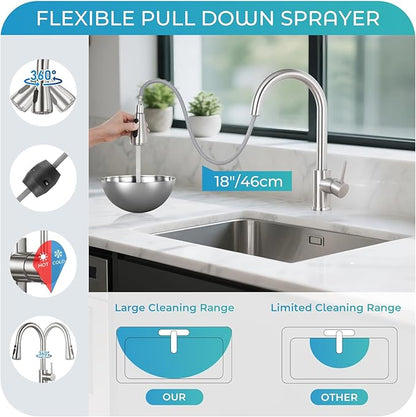 Kitchen Faucet with Pull Down Sprayer - Brushed Nickel Single Handle Kitchen Faucets, High Arc Stainless Steel Pull Out Kitchen Sink Faucet for RV Laundry Farmhouse Bar