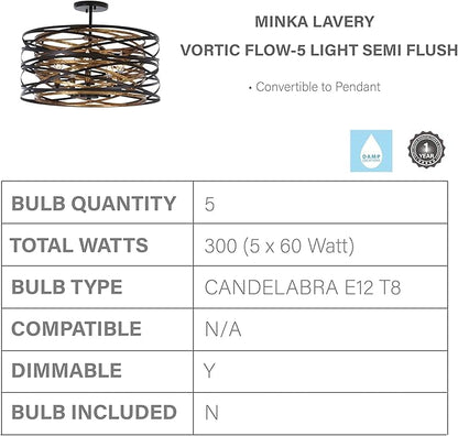 Minka Lavery 4671-111 Vortic Flow Semi-Flush, 5-Light, 300 Total Watts, 20-in H x 9-in W, Dark Bronze with Mosaic Gold Interior