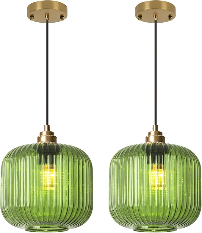 2 Pack Mid Century Modern Green Glass Pendant Light Fixture Brushed Gold Pendant Lights Kitchen Island Adjustable Globe Pendant Lighting for Bedroom Dining Room Entryway